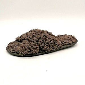 Ann‎ Taylor Womens Slipper Gray Faux Fur Flat Heel Cross Strap Front Slide M 7-8